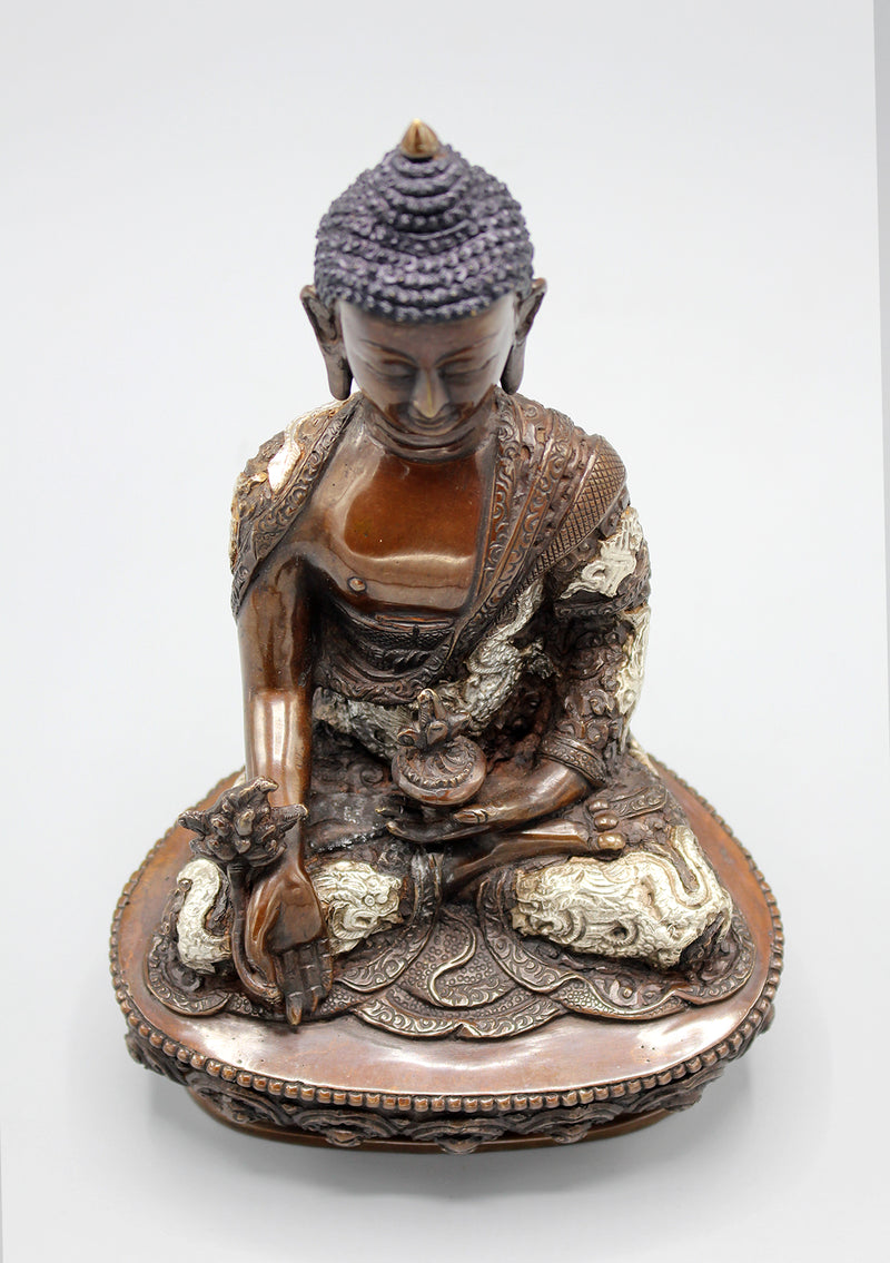 Copper Oxidized Medicine Buddha Silver Robe Carving Statue