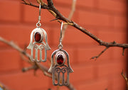 Silver Sterling Hamsa, Hand of Fatima Earrings with Garnet Inlays - nepacrafts