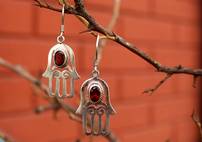 Silver Sterling Hamsa, Hand of Fatima Earrings with Garnet Inlays - nepacrafts