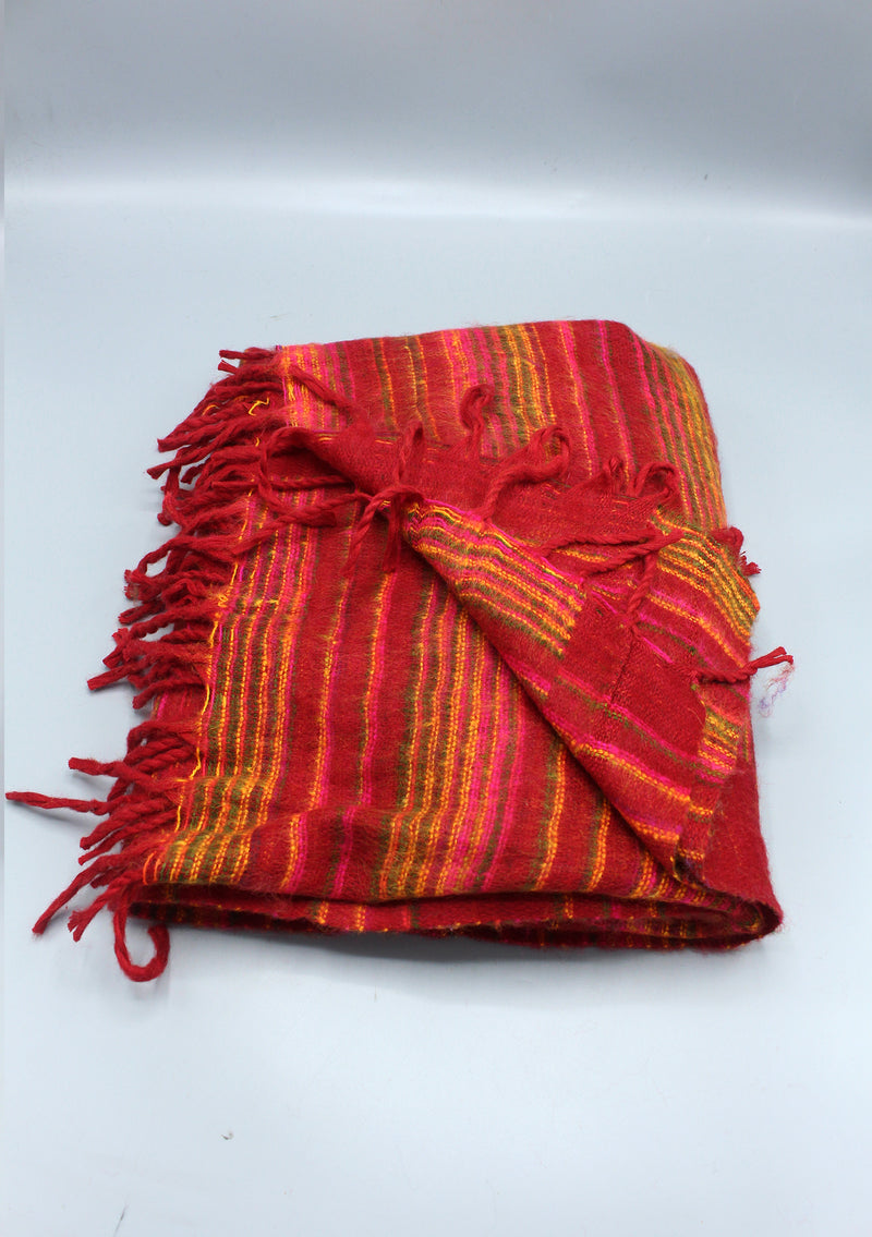 Maroon Red and Yellow Striped Large Yak Wool Shawl