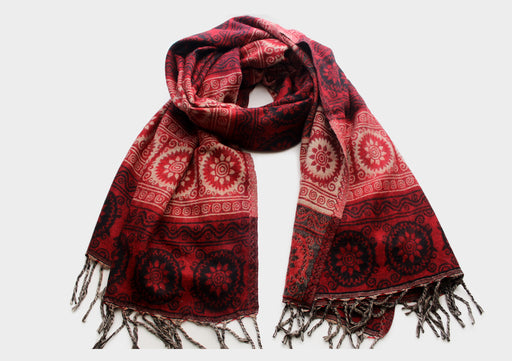 Flower Mandala Hand Loomed Red Yak Wool Shawl - nepacrafts