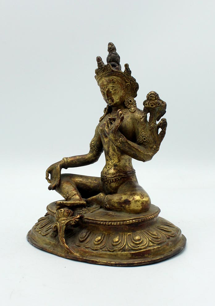 Antique Copper Green Tara Statue 7 Inches