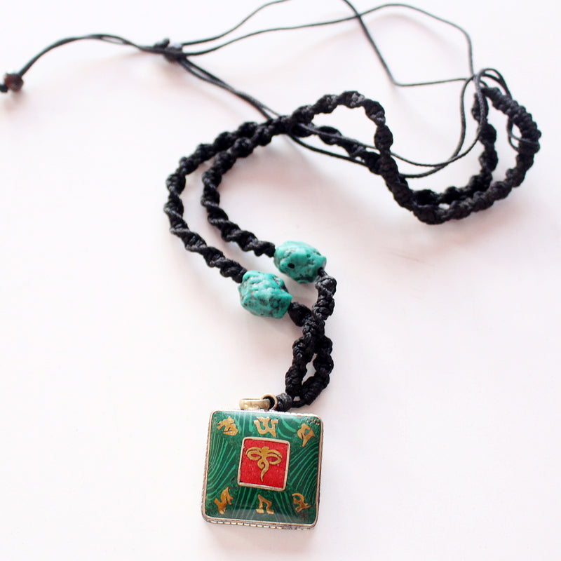 Coral Inlaid White Metal Square Buddha Eye Pendant - nepacrafts