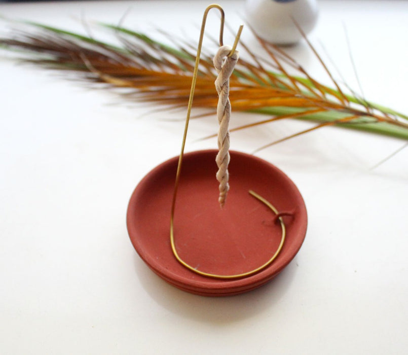 Ceramic Base Plate and Brass Stand Rope Incense Burner - nepacrafts
