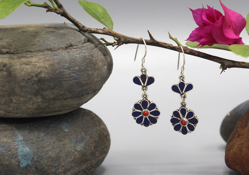 Lapis Flower Shaped Sterling Silver Earrings - nepacrafts