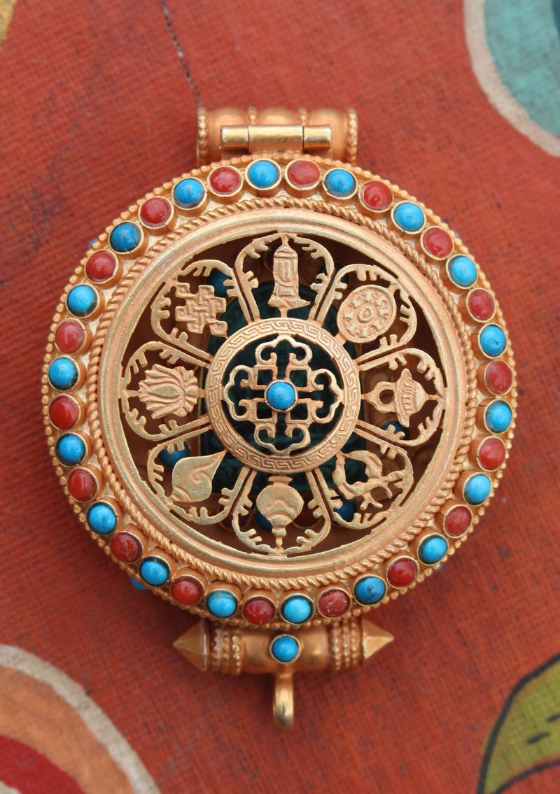 Turquoise and Coral Inlaid Goldplated Silver Sterling Astamangal Gau Pendant - nepacrafts