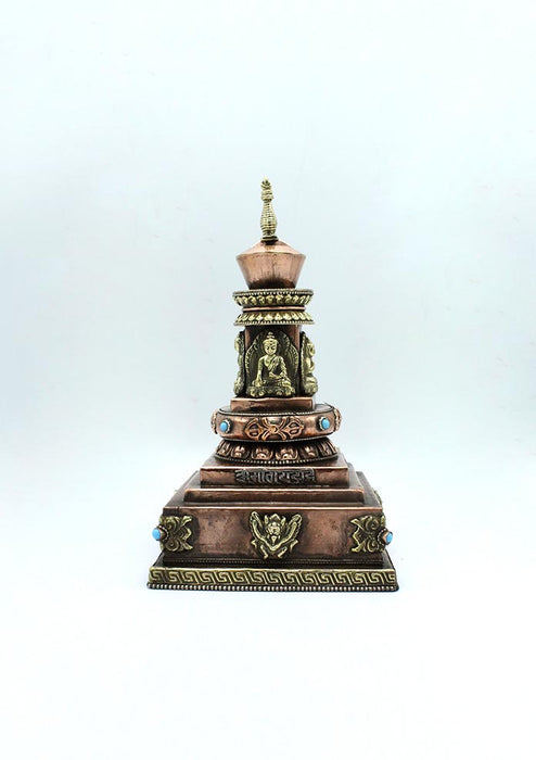 Copper Dhyani Buddhas Stupa Chorten with KalaChakra Symbol Incense Burner 9" High
