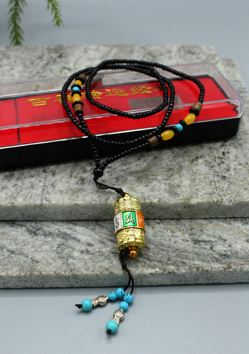 Tibetan Mantra Carved Prayer Wheel Car Hanging with Beads