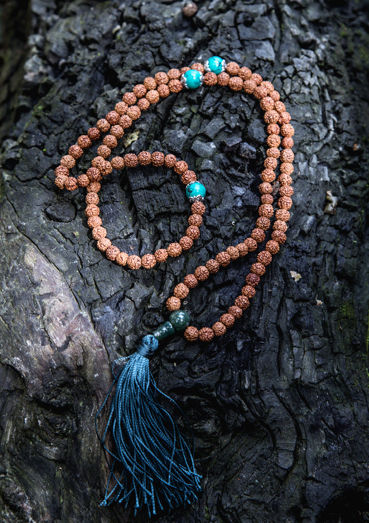 Rudraksha Mala for Meditation and Yoga With Turquoise Spacer - nepacrafts