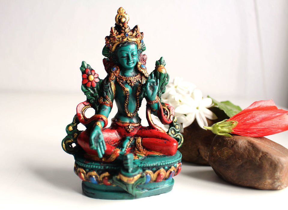Green Tara Turquoise and Coral Shaded Statue