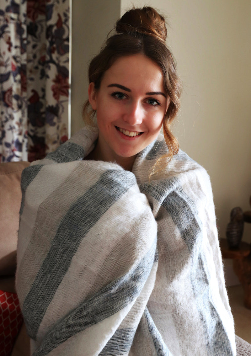 Luxurious White Grey Stripe Hand-loomed Yak Wool Blanket
