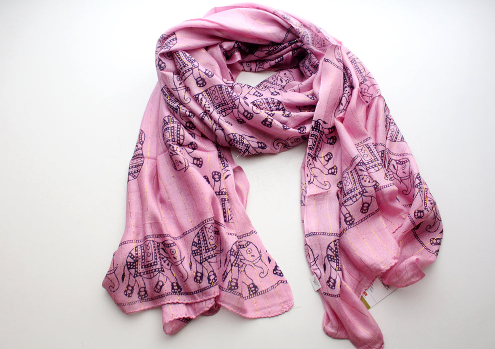 Light Pink Cotton Meditation Scarf with Elephant Print, Jari Shawl/Scarf - nepacrafts