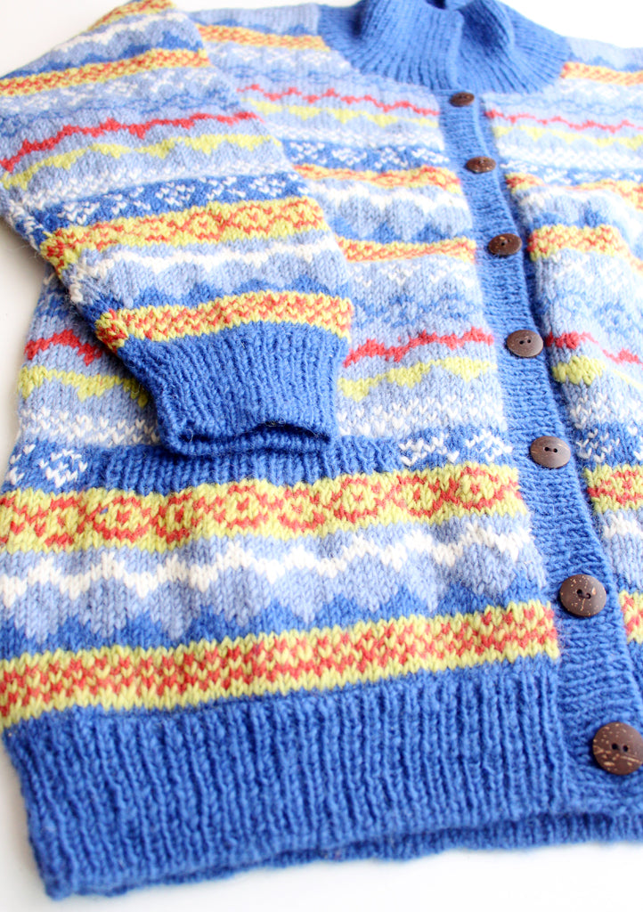 Blue and Yellow Mixed Multicolor Hand Knitted Pure Woolen Cardigan Sweater - nepacrafts