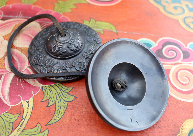 Tibetan 8 Auspicious Symbol Carved Meditation Tingsha/Cymbals with Copper Cover - nepacrafts
