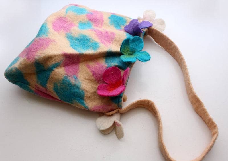 Pink, Blue and Purple Flower Adorned Felt Carry Bag - nepacrafts