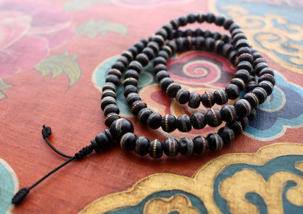 Black Bone Turquoise & Coral Inlaid 108 Beads Prayer Mala - nepacrafts