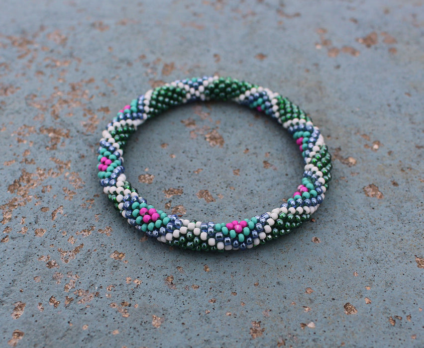 Shiny Green Czech Glass Roll Beads Bracelet - nepacrafts
