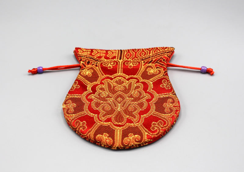 Brocade Red Flower Drawstring Mala Bag - nepacrafts