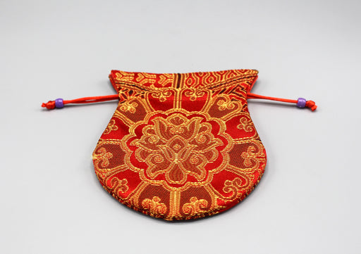 Brocade Red Flower Drawstring Mala Bag - nepacrafts