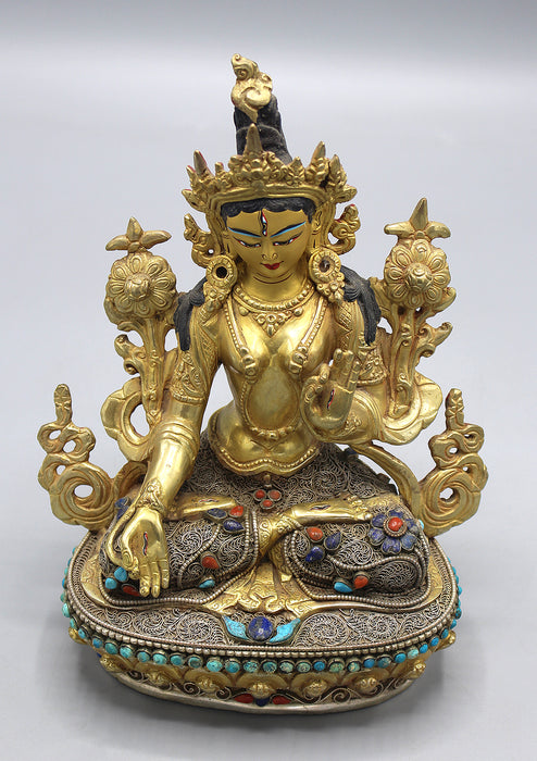 Gold Plated Eternal White Tara Statue with Silver Filigree and Turquoise
