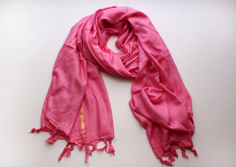 Elegant Pink Plain Jari Cotton Scarf with Golden Lining - nepacrafts