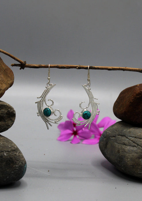 Lovely Floral Design Silver Plated Turquoise Inlaid Earrings