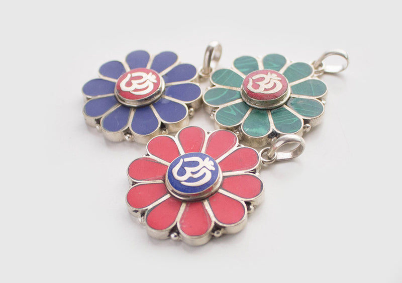 Om Embossed Inlaid Flower White Metal Pendant - nepacrafts