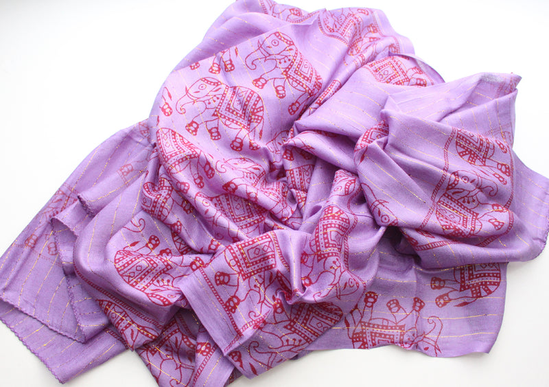 Violet Purple Cotton Meditation Scarf with Elephant Print, Jari Shawl/Scarf - nepacrafts