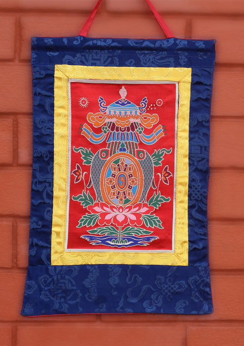 Lotus & Auspicious Symbol Silk Brocade Tibetan Wall Hanging Banner - nepacrafts