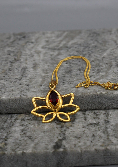 Oval Garnet inlaid Gold Plated Lotus Pendant