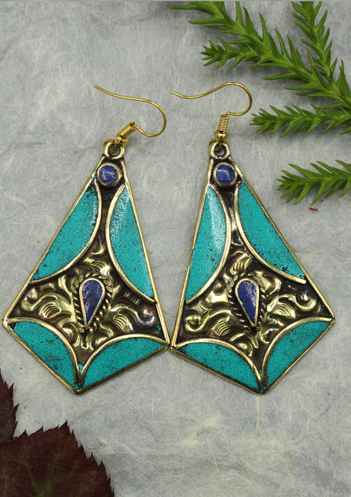 Handmade Diamond Shaped Turquoise and Lapis Resin Inlaid Mirr Hook Earrings