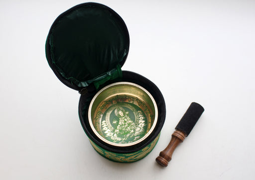 Green Tara Painted Singing Bowl Set with Silk Brocade Gift Box - nepacrafts