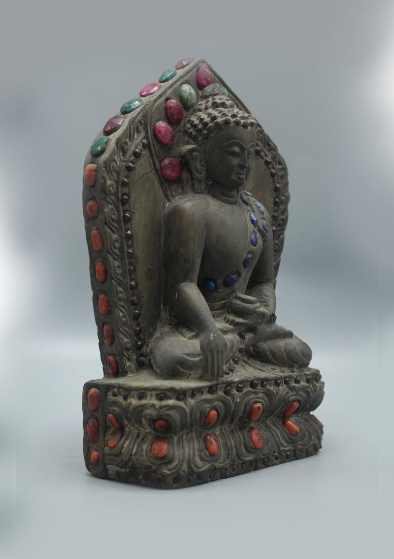 Stone Shakyamuni Buddha Statue with inlaid Ruby and Emerald
