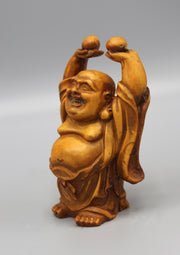 Brown Laughing Buddha Raising Both Hand Resin Statue - nepacrafts
