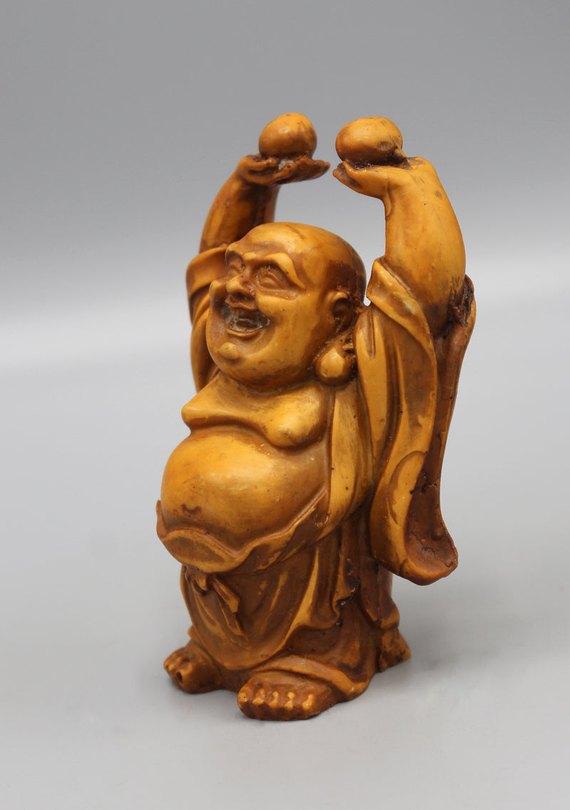 Brown Laughing Buddha Raising Both Hand Resin Statue - nepacrafts