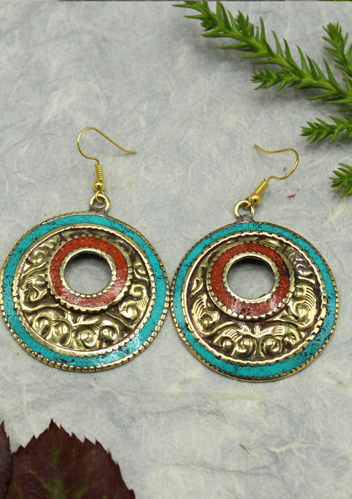 Handmade Round Turquoise and Coral Resin Inlaid Mirr Hook Earrings