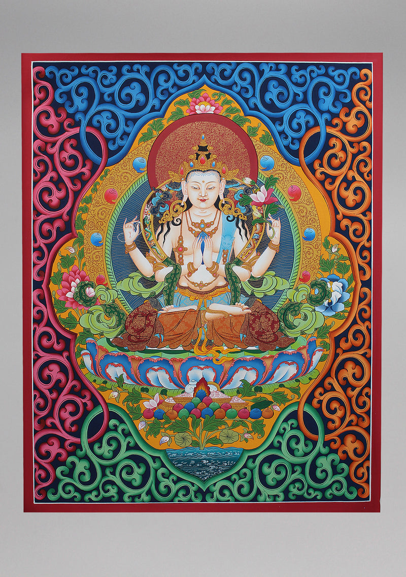 God Of Compassion Chenrezig Thangka, Buddhist Ritual Arts