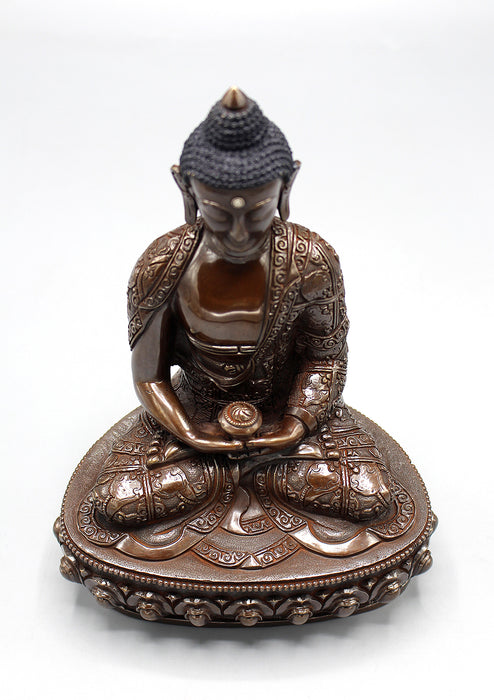 Copper Oxidized Amitabha Buddha Statue with Conch Carved