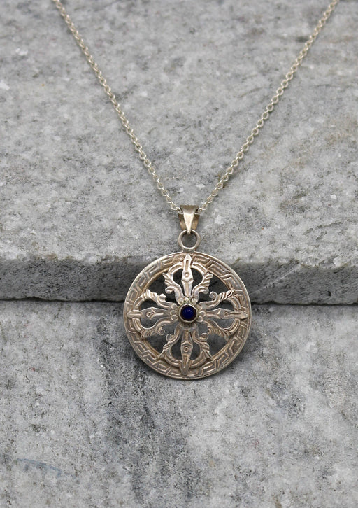 Round Double Dorjee Inlaid Sterling Silver Pendant - nepacrafts