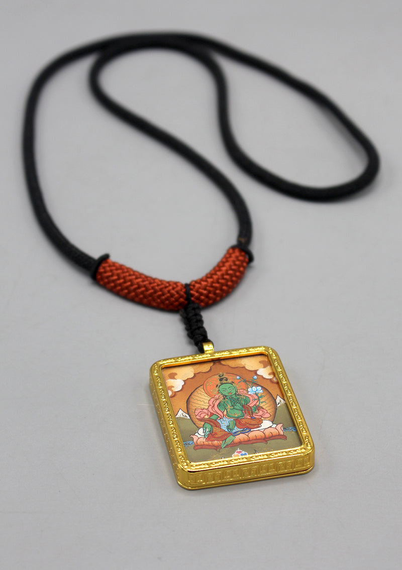 Tibetan Deities Green Tara Hand Painted Mini Thangka Amulet Pendant