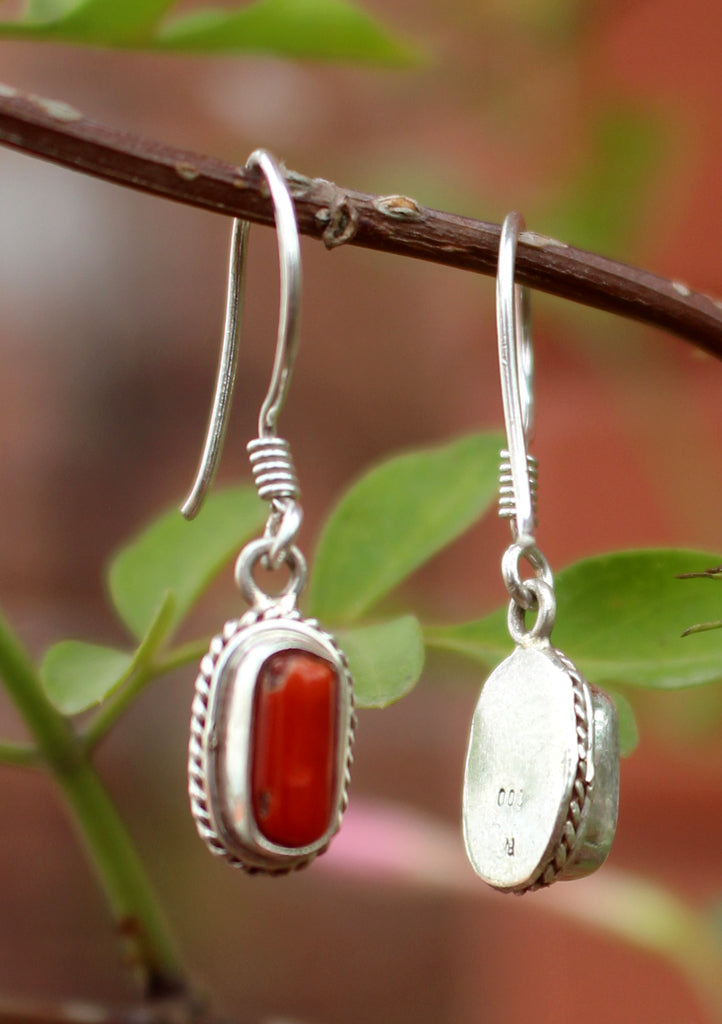 Fine Carving Coral Inlaid Silver Earrings - nepacrafts