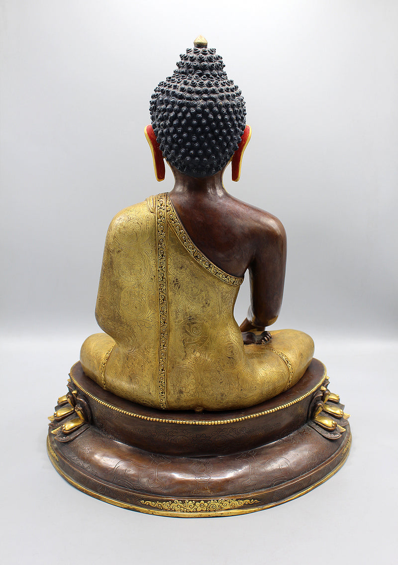 Partly Gold Plated Shakyamuni Buddha Statue in Monastic Robe With Floral Motifs