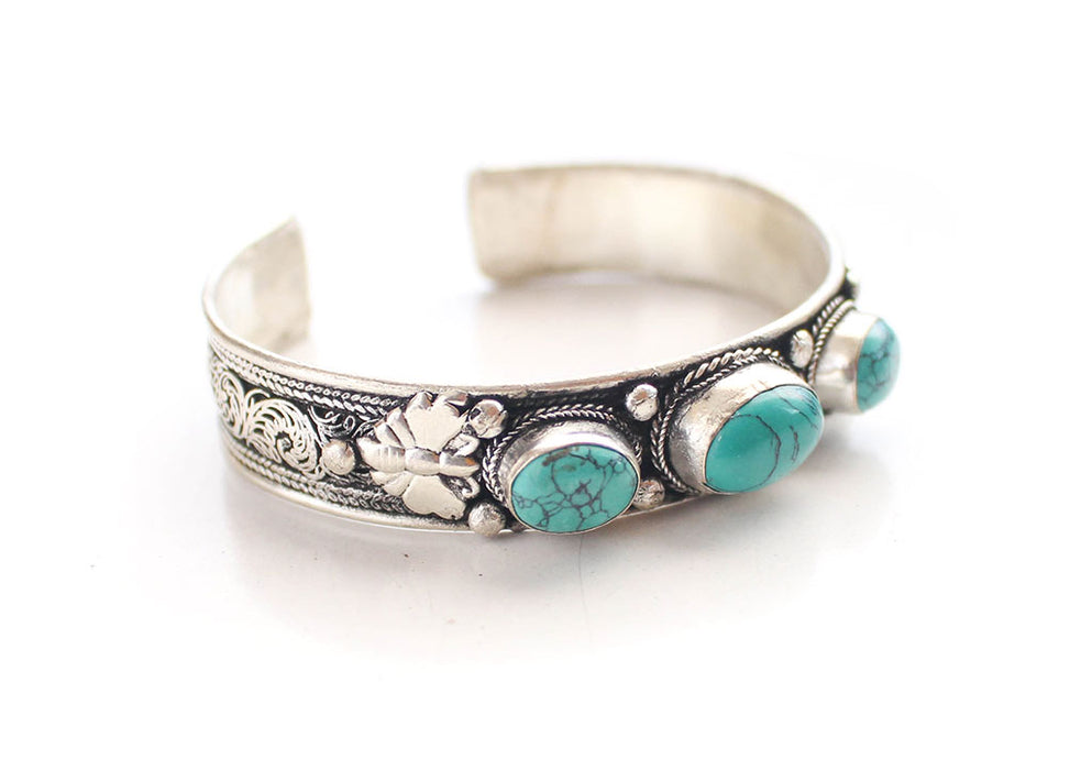 Turquoise Inlaid Filigree Pattern Tibetan White Metal Bracelet - nepacrafts
