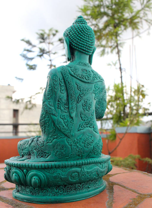 Floral Motifs Carved Green Amoghasiddhi Buddha Resin Statue 7 inch High - nepacrafts