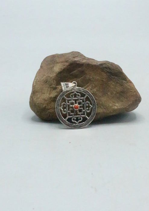 Double Dorjee Mandala Coral Inlaid Silver Sterling Pendant