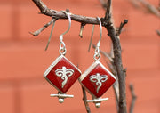 Square Shaped Coral Inlaid Buddha Eyes Silver Earrings - nepacrafts