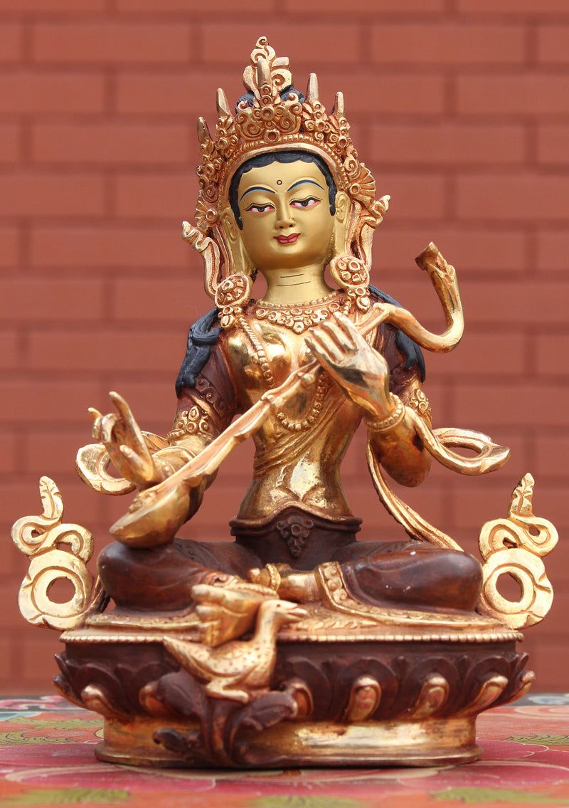 Hindu Goddess Saraswati Partly Gold Plated Statue - nepacrafts