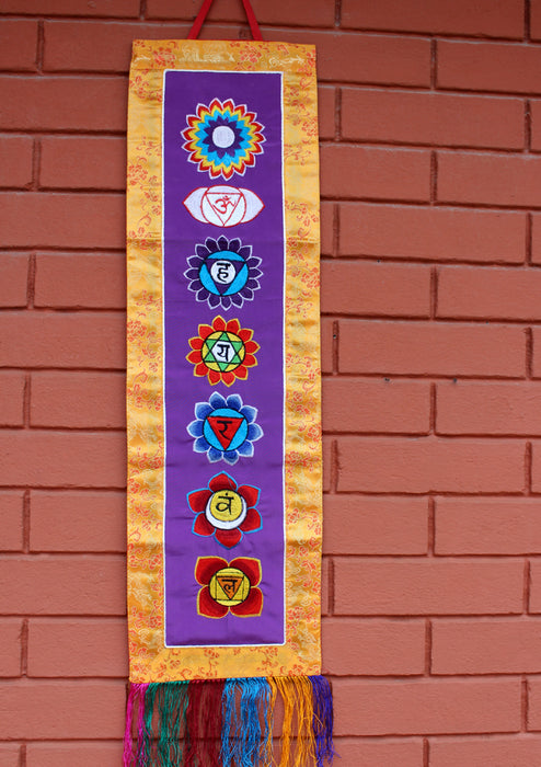 Seven Chakra Embroidered Purple Polyester Wall Hanging Banner - nepacrafts