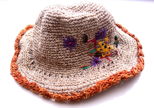 Flower Embroidered Hemp Hat with Orange Lining, Earthy Travel Hat, Hemp Sun Hat HC002 - nepacrafts