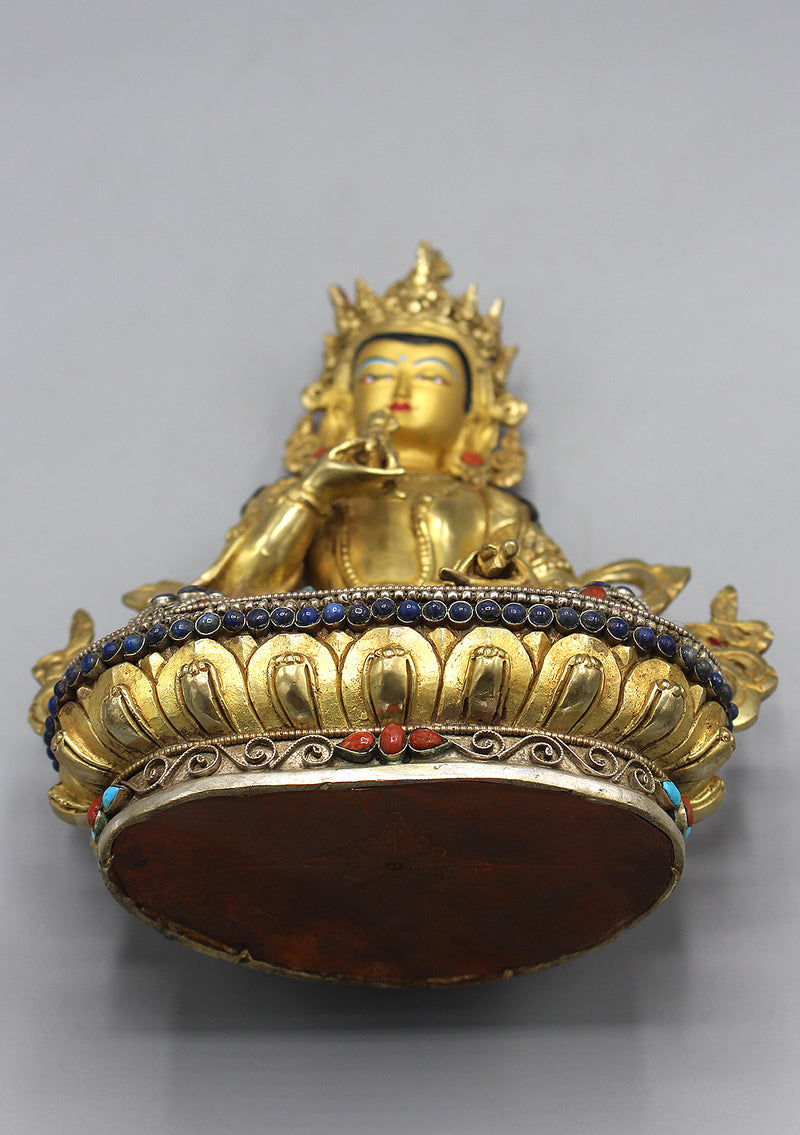 Gold Plated Vajrasattva Statue With Silver Filigree and Turquoise Inlays